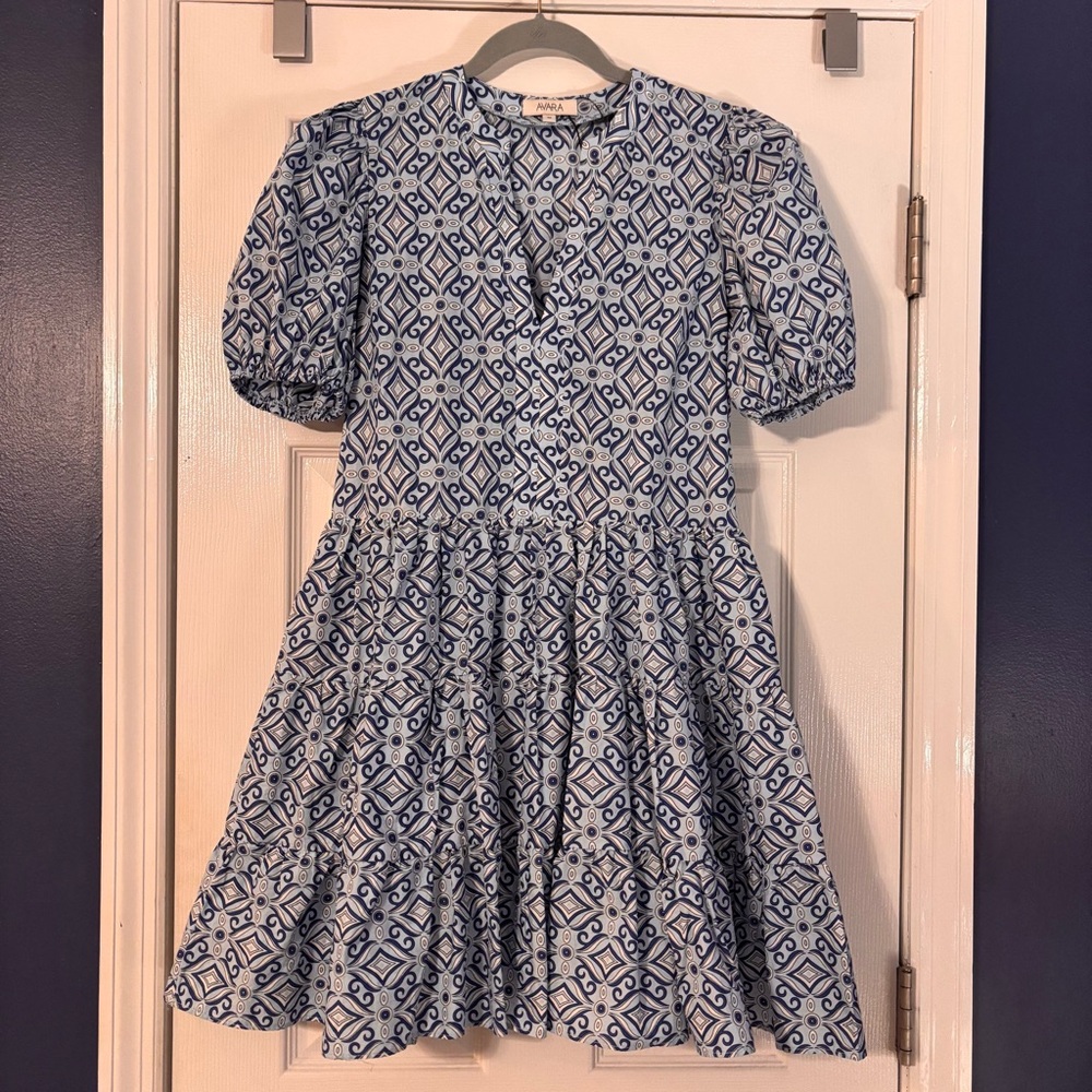 🔹AVARA🔹 Blue Puff Sleeve Patterned Dress
